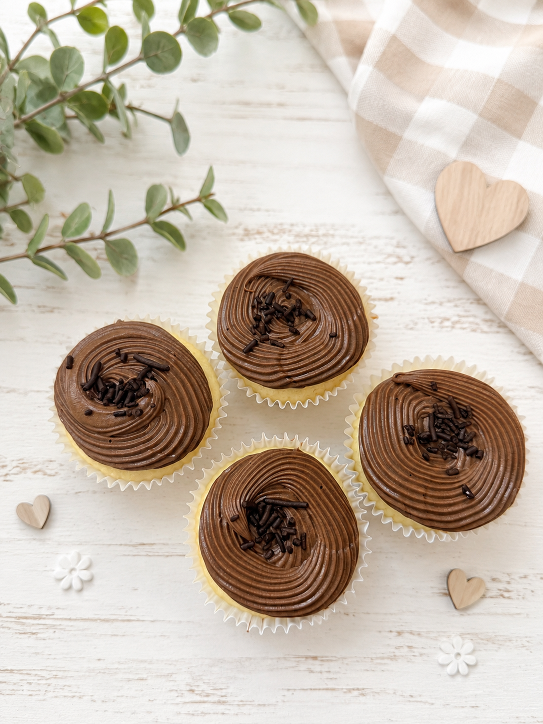 Vanilla cupcakes with fudge frosting
